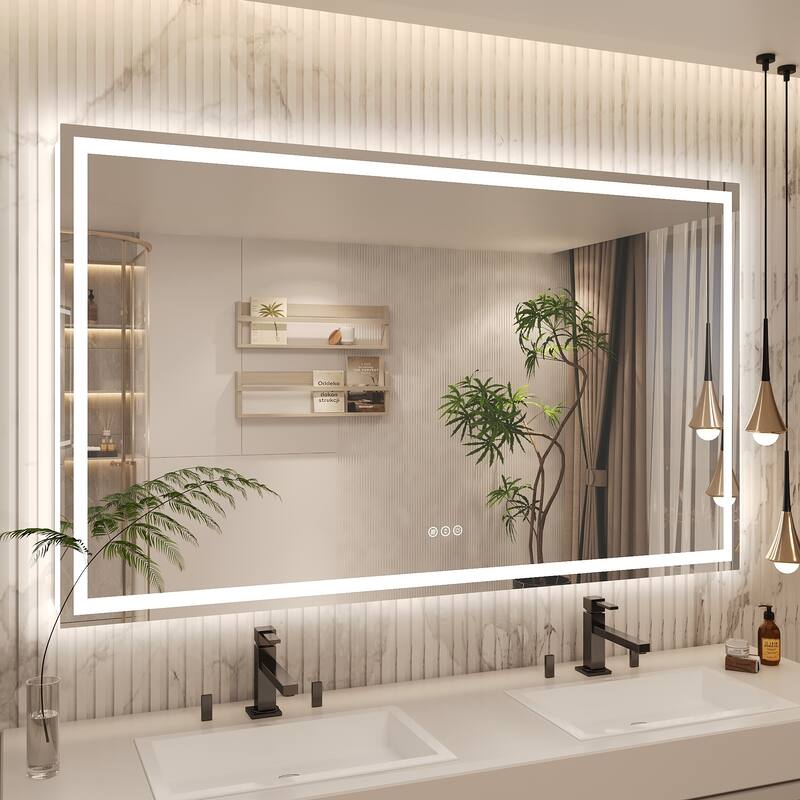 Frameless LED Front Light and Backlit 3 Colors Dimmable Anti-Fog Wall Bathroom Vanity Mirror - 60" x 36"-Square Corner