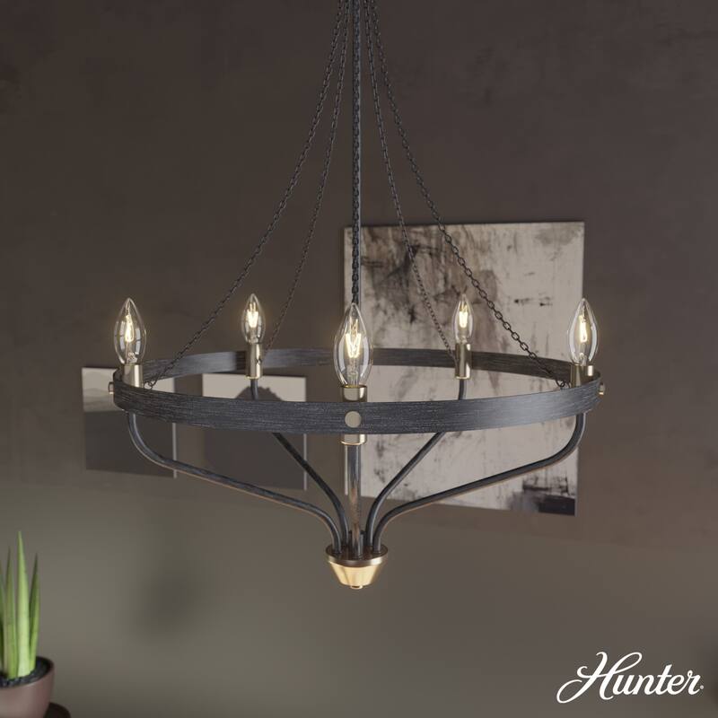 Hunter Merlin Geometric Metal Chandelier - Foyer, Dining Room, Living Room - Industrial, Contemporary - 20" 5 Light - Noble Bronze