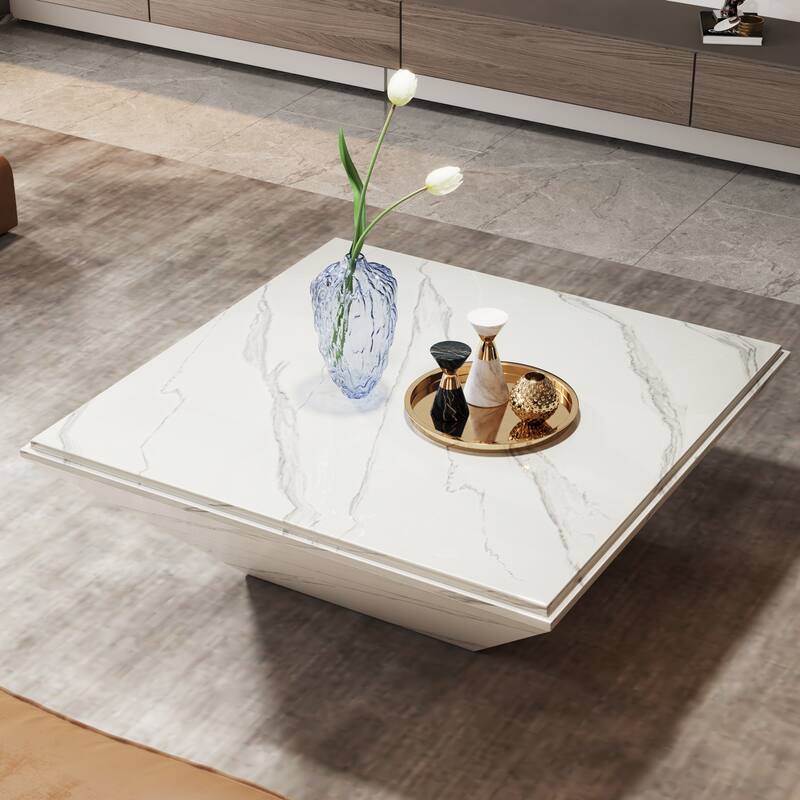 35.43-Inch Square Coffee Table for Living Room, White Modern Center Table with Faux Marble Top - White