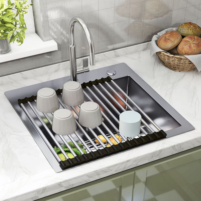 33 Inch Drop In Kitchen Sink Top mount Stainless Steel Black Sink w/Sink Protector Single Bowl Drop-in Sink for Workstation