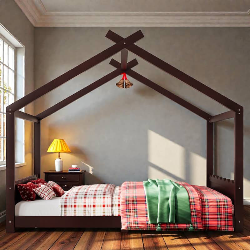 Kids Solid Wood House Floor Bed with Support Slats, Montessori Low Profile Bed, No Box Spring Needed - Espresso - Queen