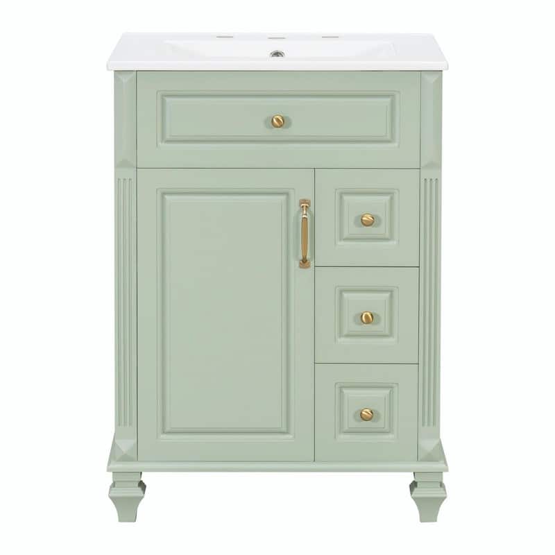 24" Bathroom Vanity with Sink, Freestanding Vanity Cabinet with Flip-Out Drawer, 3 Drawers, Ceramic Top