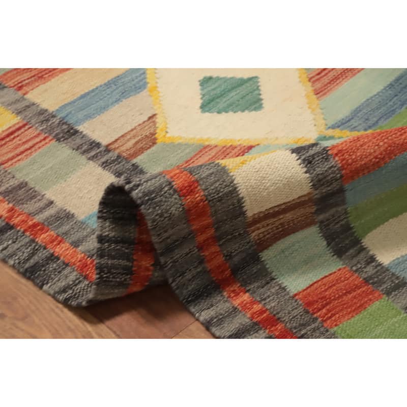 Hand Woven Oriental 100% Wool Carpet Southwestern Tribal Multi-Colored Kilim Runner Rug - 8' 1'' X 2' 2''
