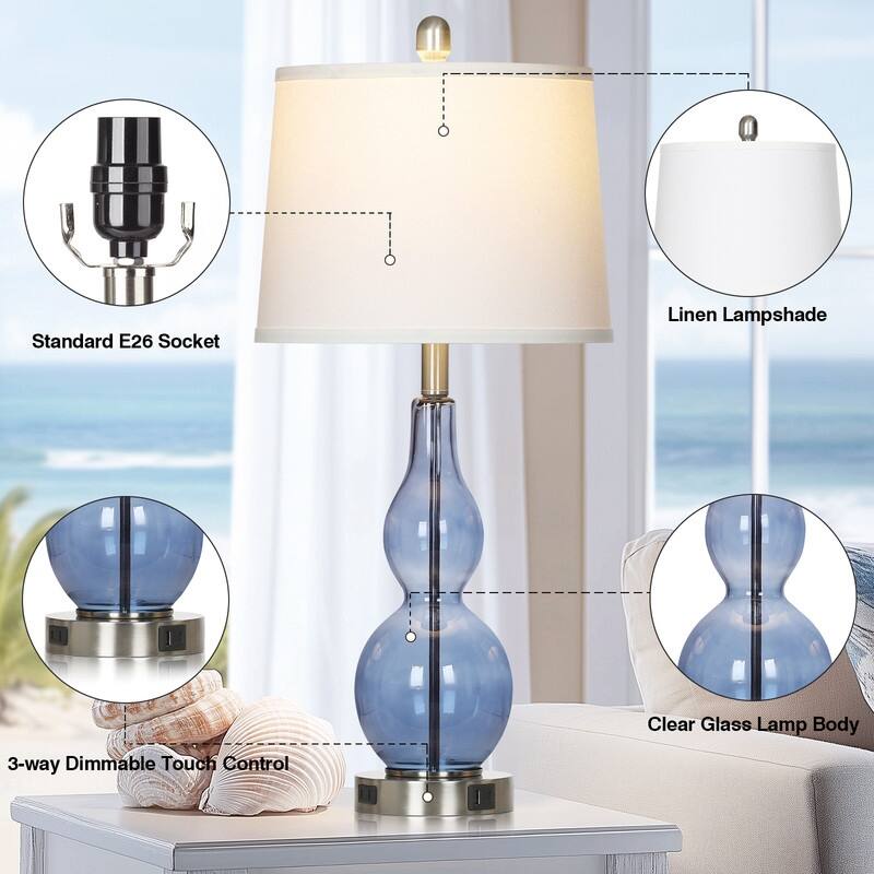 27.5'' Blue Glass Table Lamps with USB-C, USB-A & AC Outlet, Touch Control, Modern Bedside Lamps(Set of 2)