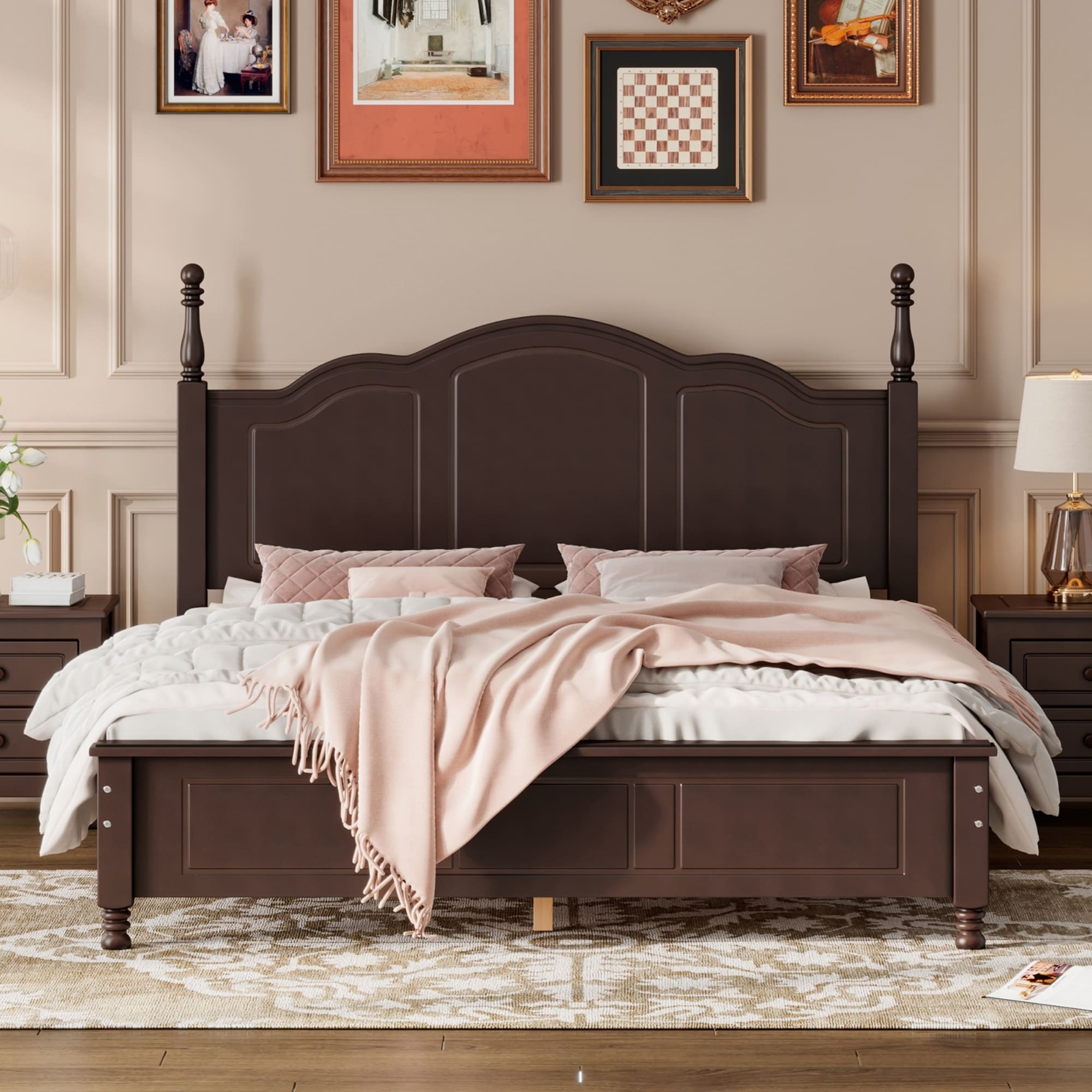 Queen Size Wood Platform Bed Frame, Retro Style Platform Bed with Wooden Slat Support, Dark Walnut