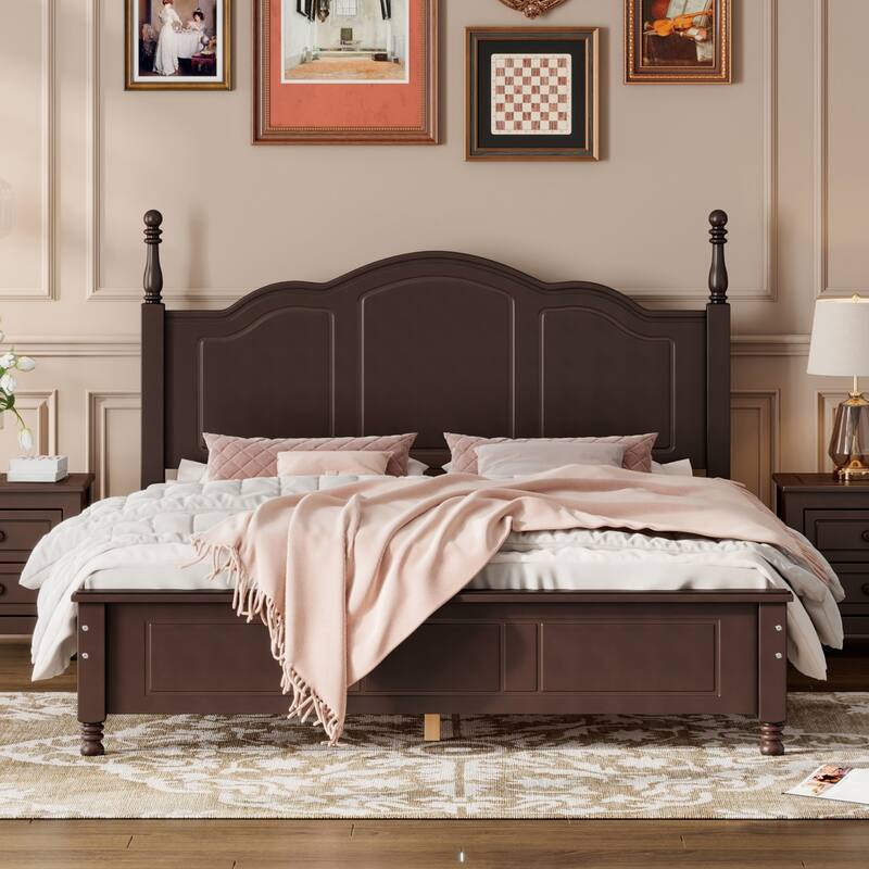 Retro Pine Platform Bed with Headboard & Slats - Walnut - Queen