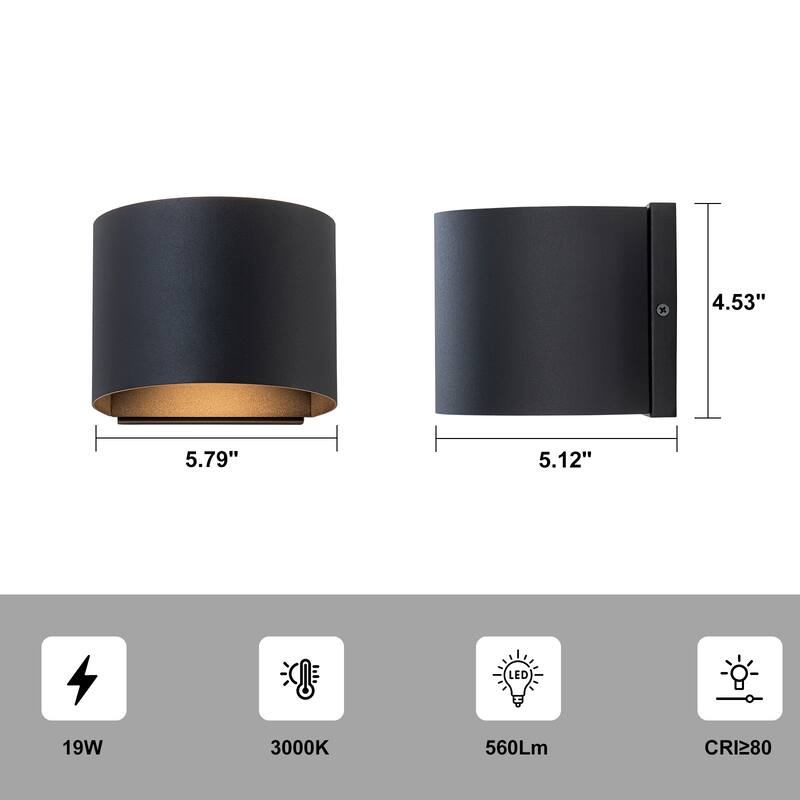 Modern 1-Light Cylinder LED Outdoor Wall Light - 4.5-in H x 5.8-in W x 5.1-in D