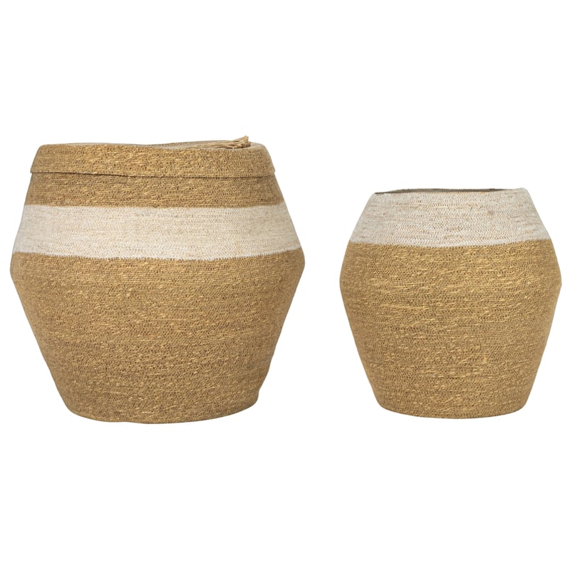 Seagrass Woven Baskets with Lid, Stripe, and Tassel, Set of 2 - 21.5"L x 21.5"W x 21.5"H