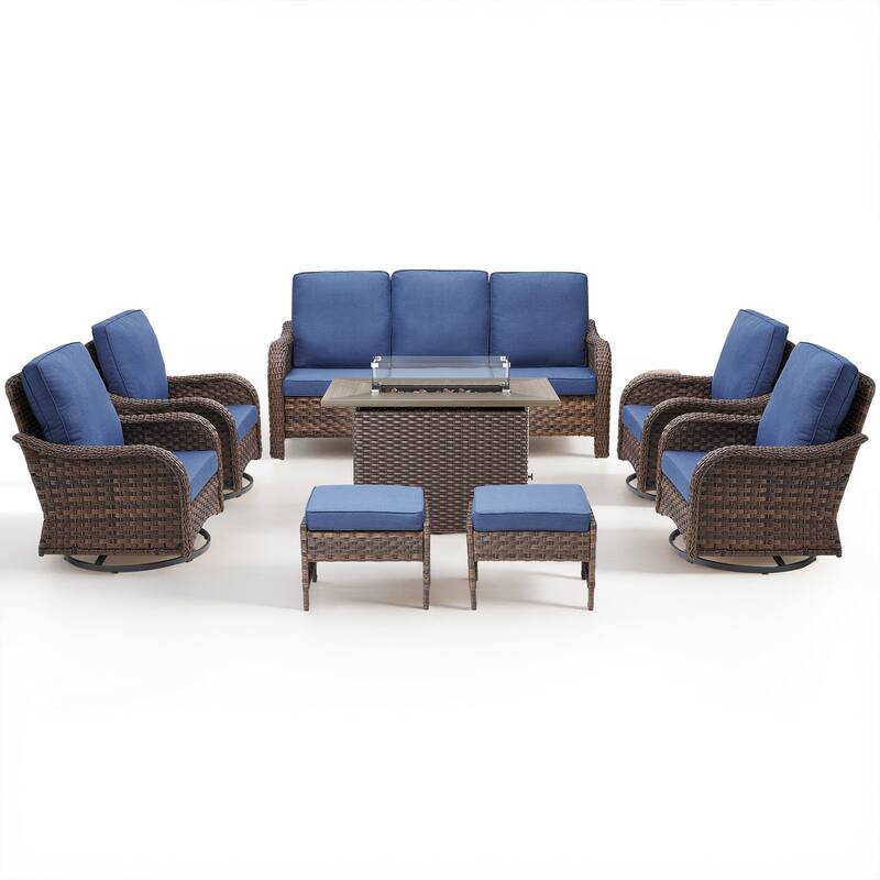 Pocassy Patio Funiture Sofa Swivel Chairs Ottoman with Fire Table Set