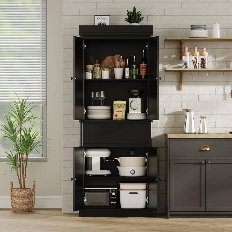 Kitchen Pantry Cabinet, Tall Storage Cabinet with Rattan Doors and Adjustable Shelves, Freestanding Cupboard