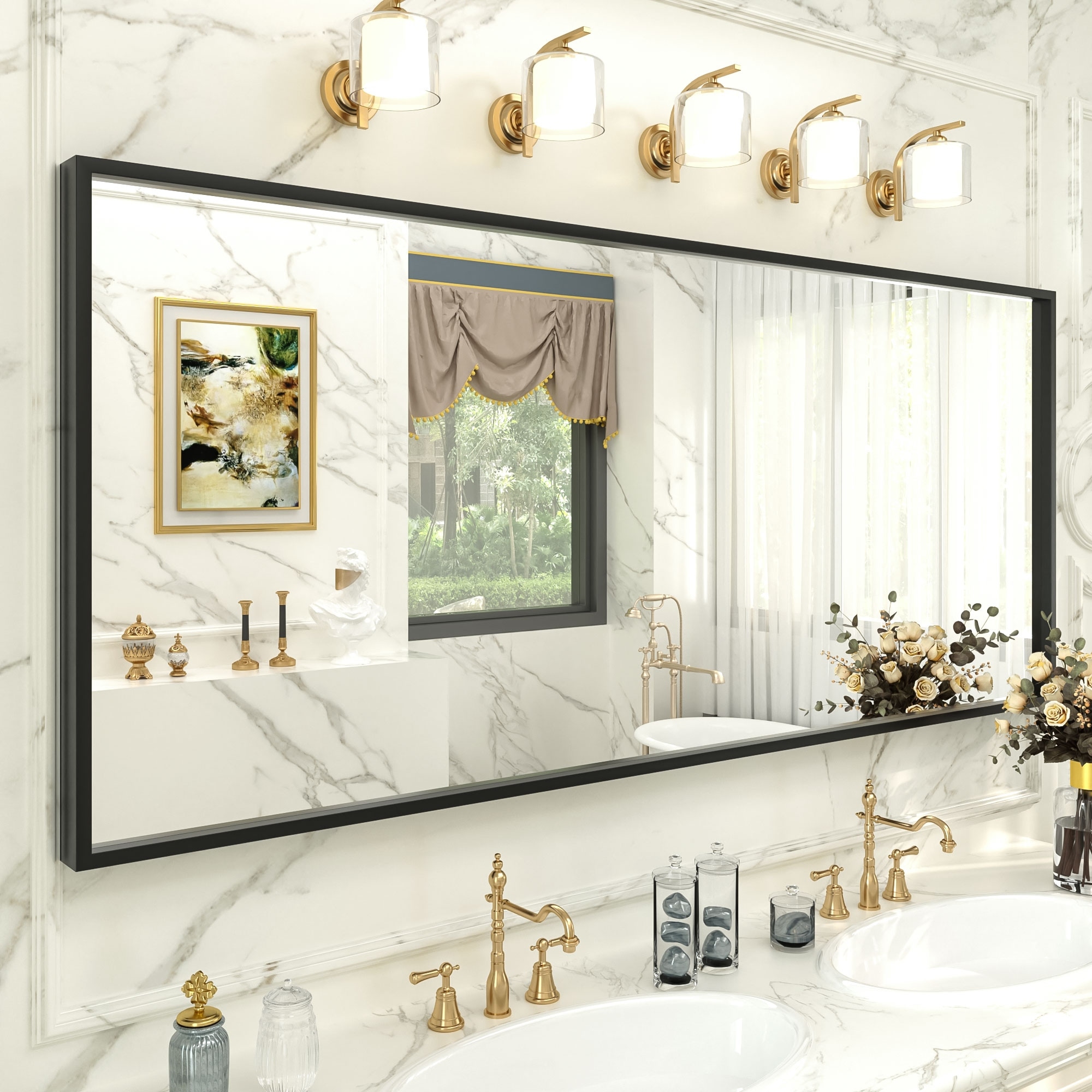 Large Metal Framed Tempered Glass Wall Bathroom Vanity Mirror in Matte Black
