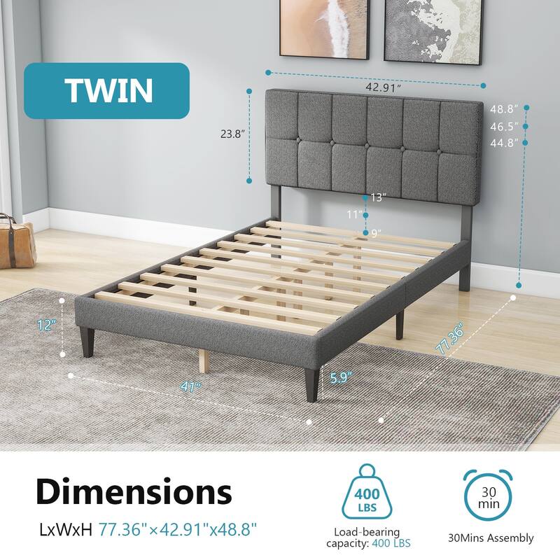 Full Size Platform Bed Frame with Fabric Upholstered Headboard and Wooden Slats Support, No Box Spring Needed/Easy Assembly