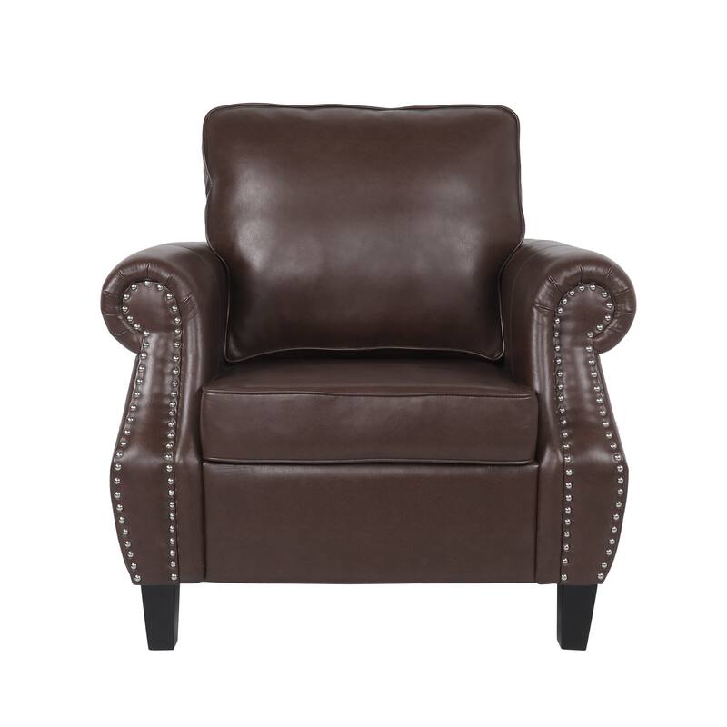 Roomfitters Faux Leather Accent Chair with Rolled Arms and Nailhead Trim, Upholstered Armchair for Living Room, Brown