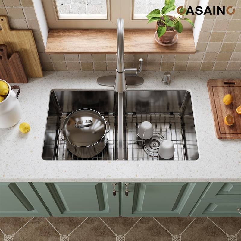 31 in. Undermount Double Bowl 18 Gauge Stainless Steel Kitchen Sink with Bottom Grid and Basket Strainer, cUPC Certified