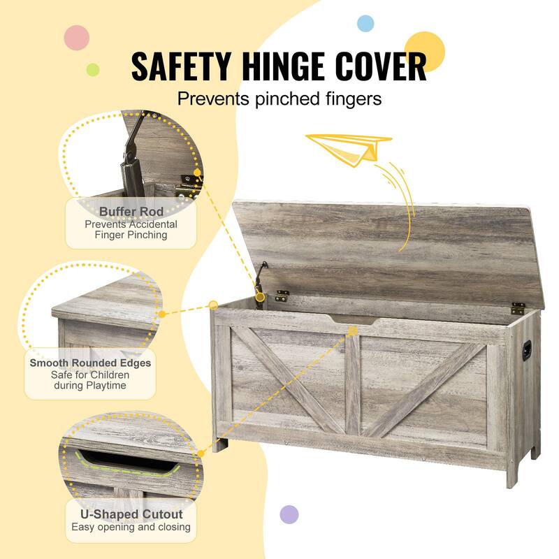 Grey Wooden Kids Toy Storage Bench Box with Flip-Top Lid and Safety Hinge - 39.15” x 15.55” x 18.90”