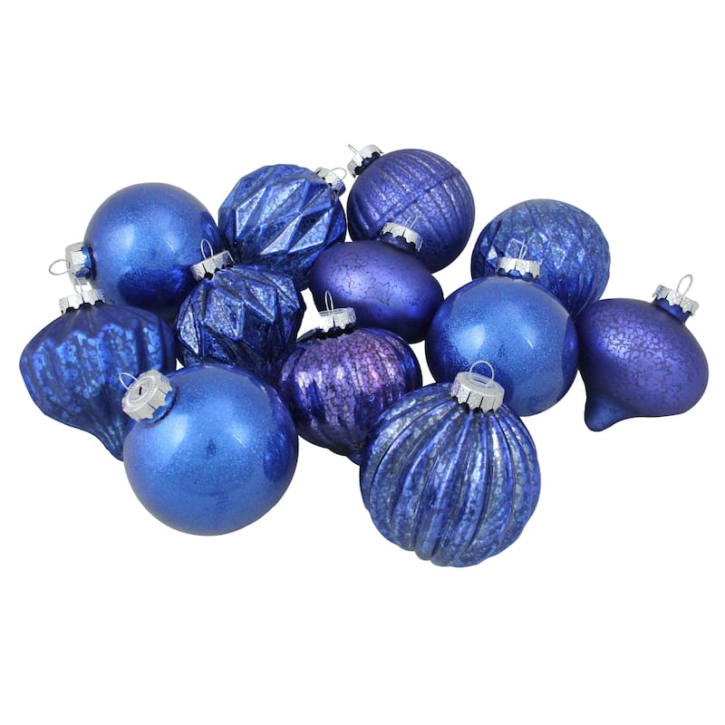 12ct Royal Blue Multi Finish Various Shaped Christmas Ornaments 3.75"
