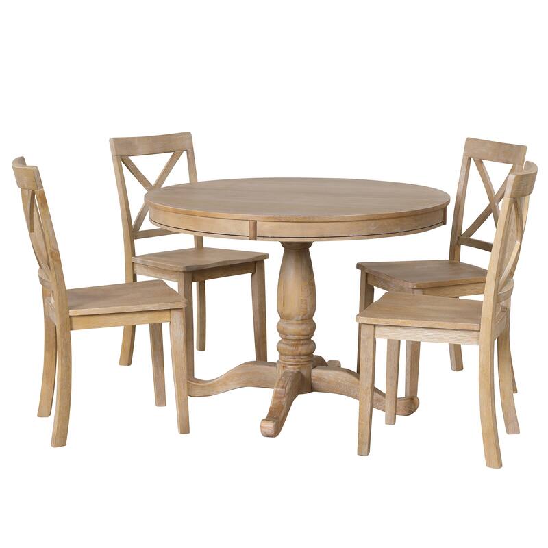 Extendable Dining Table, Round Table and Four Wooden Dining Chairs, Rustic Kitchen Table and Chair Set