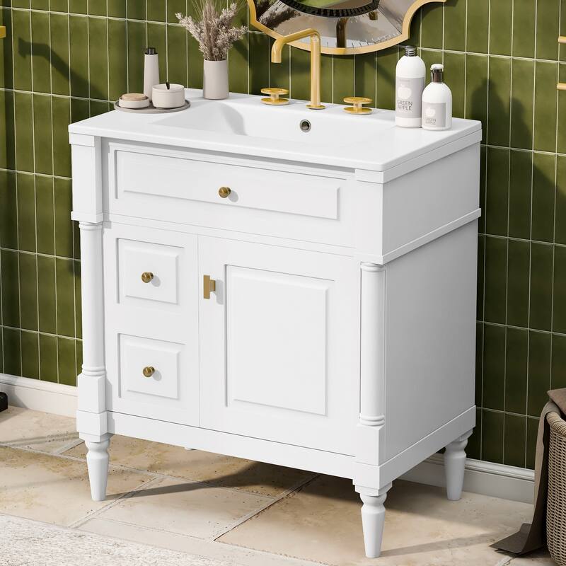 30" Bathroom Vanity with Sink, Freestanding Solid Rubberwood Cabinet with Flip Drawer & Adjustable Shelf