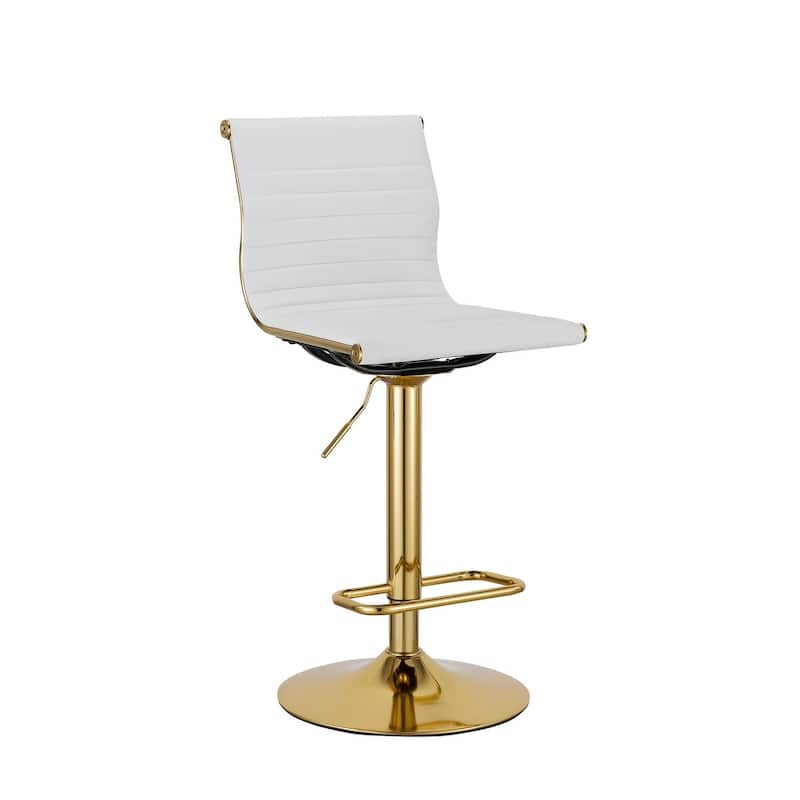 Set of Two White And Gold Faux Leather And Metal Low Back Adjustable Height Bar Chairs