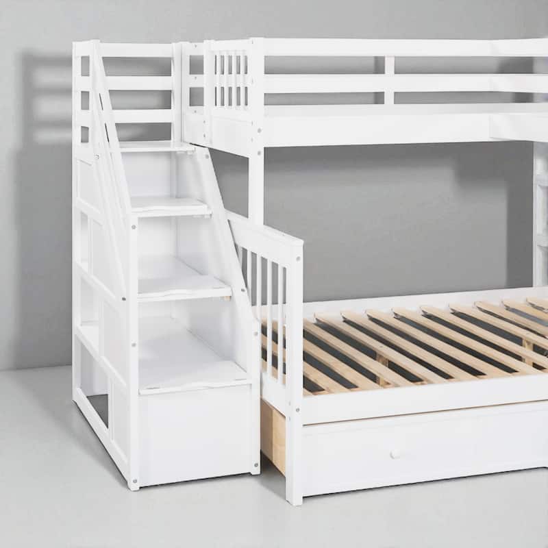 Twin Over Full L-Shaped Bunk Bed with Staircase, Storage Drawers and Shelves, Wood Frame for Kids or Teens