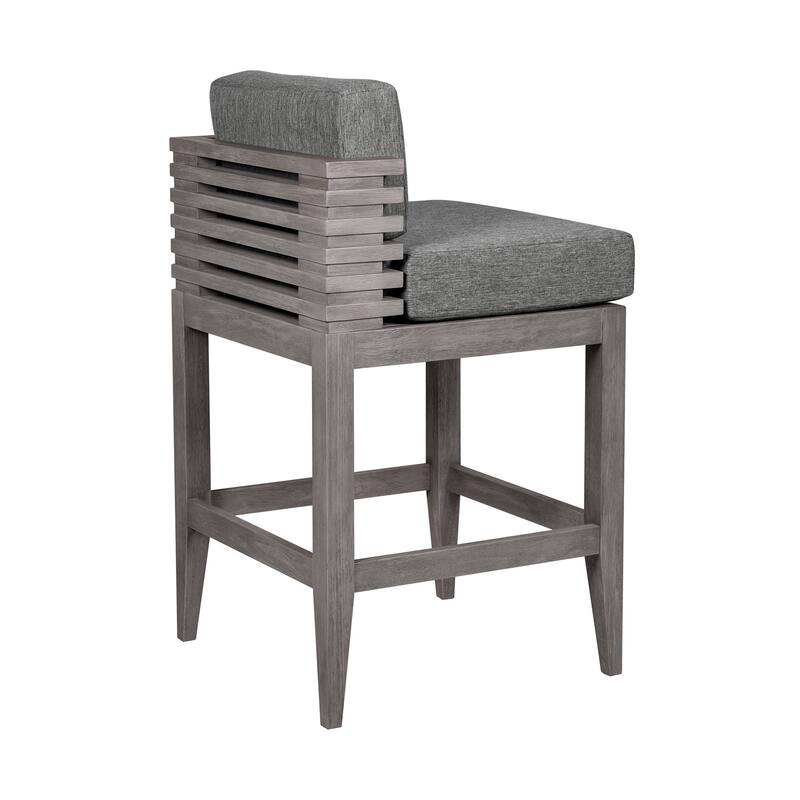Hida 30 Inch Outdoor Patio Barstool Chair, Gray, Olefin Cushions, Wood
