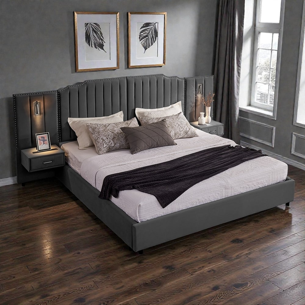 Modern Upholstered Bed Frame with Velvet Headboard, Vertical Channel Button Design, Integrated Nightstand, Platform Support