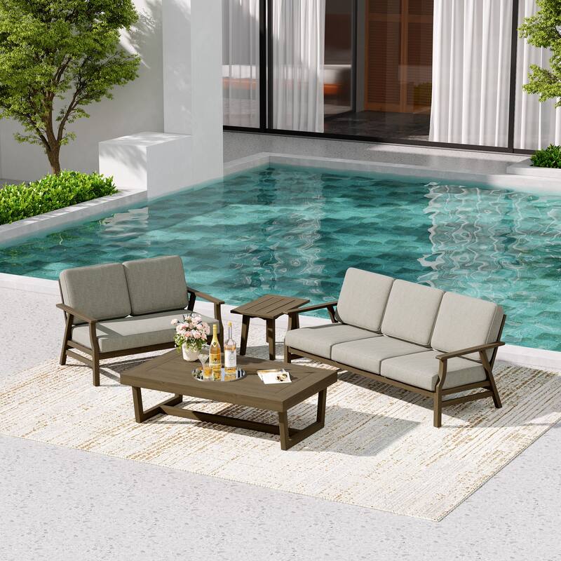 Teak Outdoor Seating Set with Daybed & Tables.