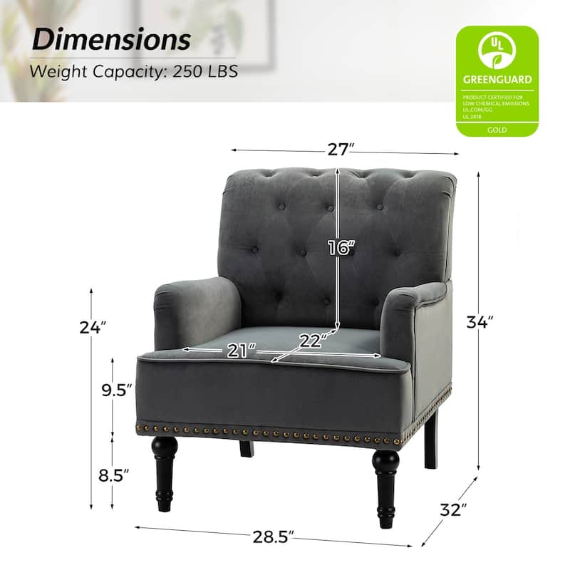 Geltrude Transitional Upholstered Button Tufted Club Chair with turned wooden Legs by HULALA HOME
