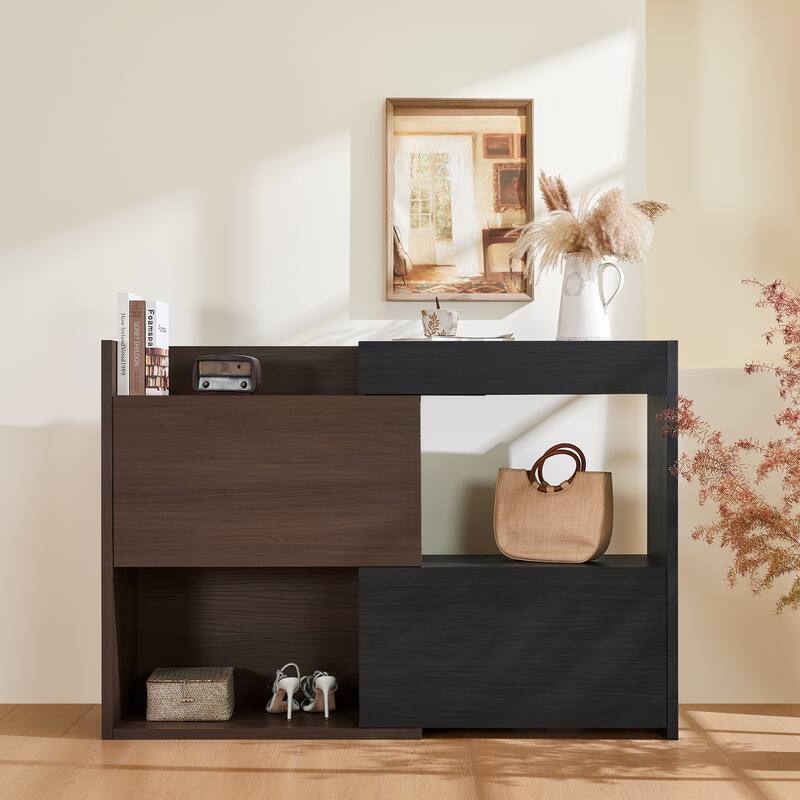 Extendable Rotating Shoe Cabinet with Flip Drawer, Entryway Corner Shoe Rack, Two-Tone Wood Storage Shoe Organizer for Hallway