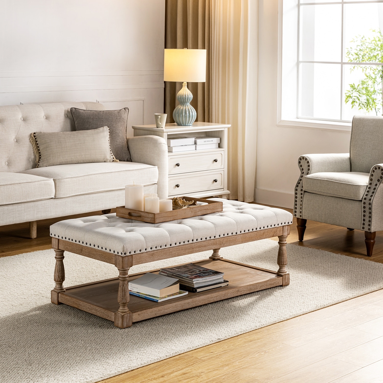 HULALA HOME Conelius Upholstered Traditional Rectangular Cocktail Ottoman with a Tray