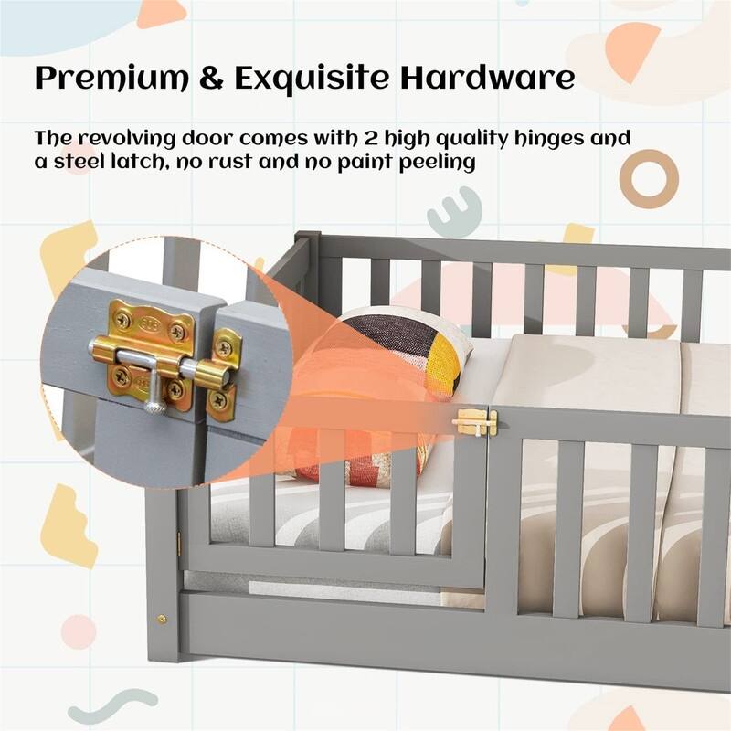 Full Size Floor Bed for Children, Sturdy Wood Montessori Bed Frame with Fence & Door