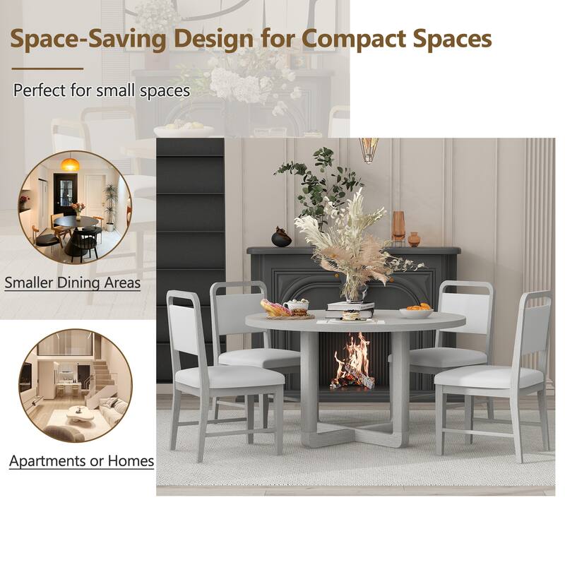 5 Piece Dining Table and Chair Set, Wooden Kitchen Dining Table Set with Round Dining Table and 4 Upholstered Chairs