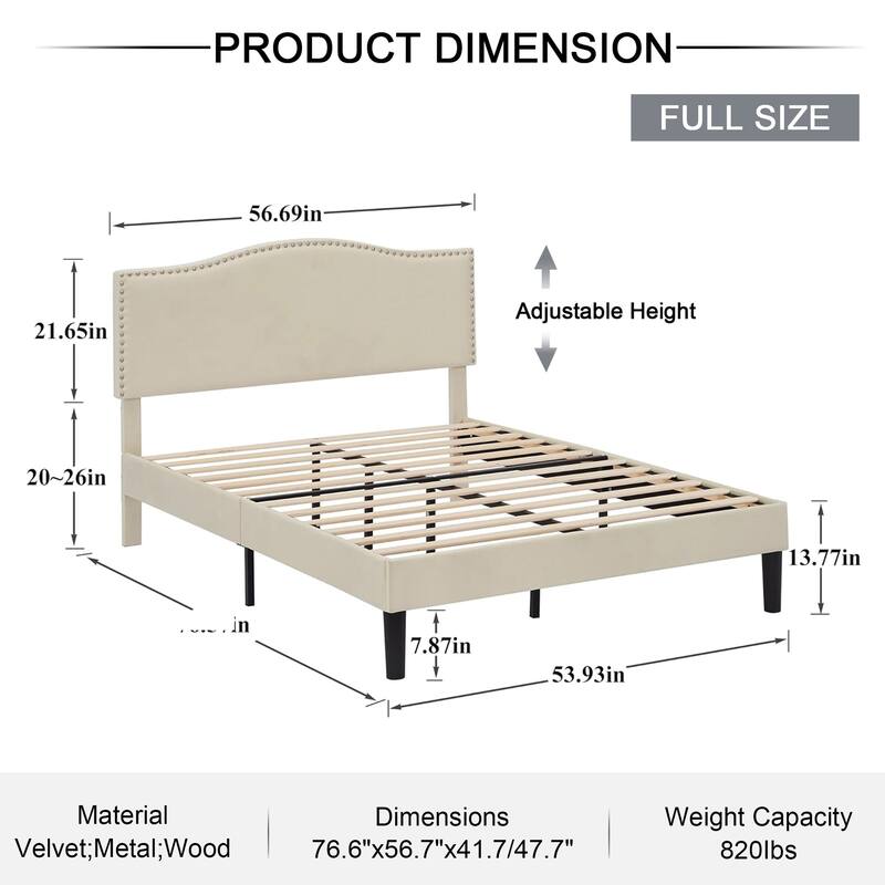 Javlergo Upholstered Platform Bed Frame with Adjustable Headboard, Strong Frame and Wooden Slats Support, Easy Assembly