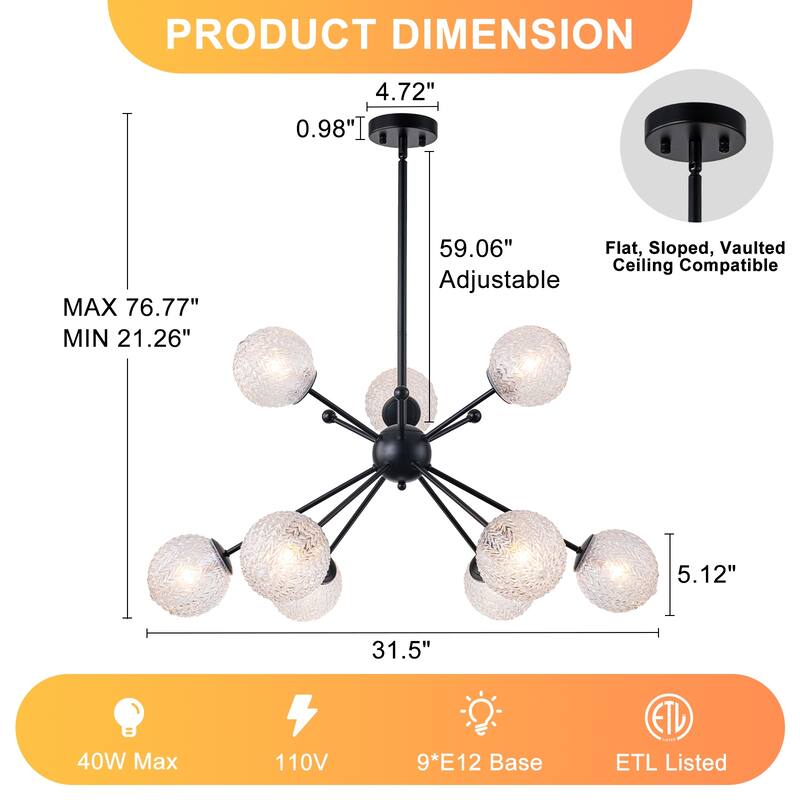 31.5" 9-Light Modern Black Sputnik Pendant Light Pineapple Glass Globe - Dia.31.5-in