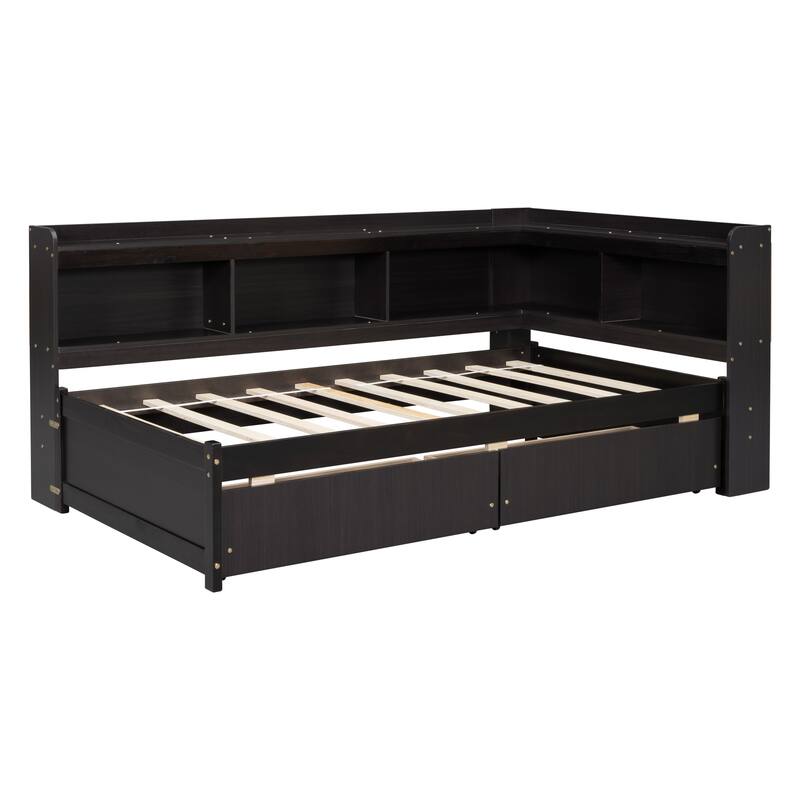 Contemporary Full Bed with Built-In L-Shaped Bookcases and Drawers