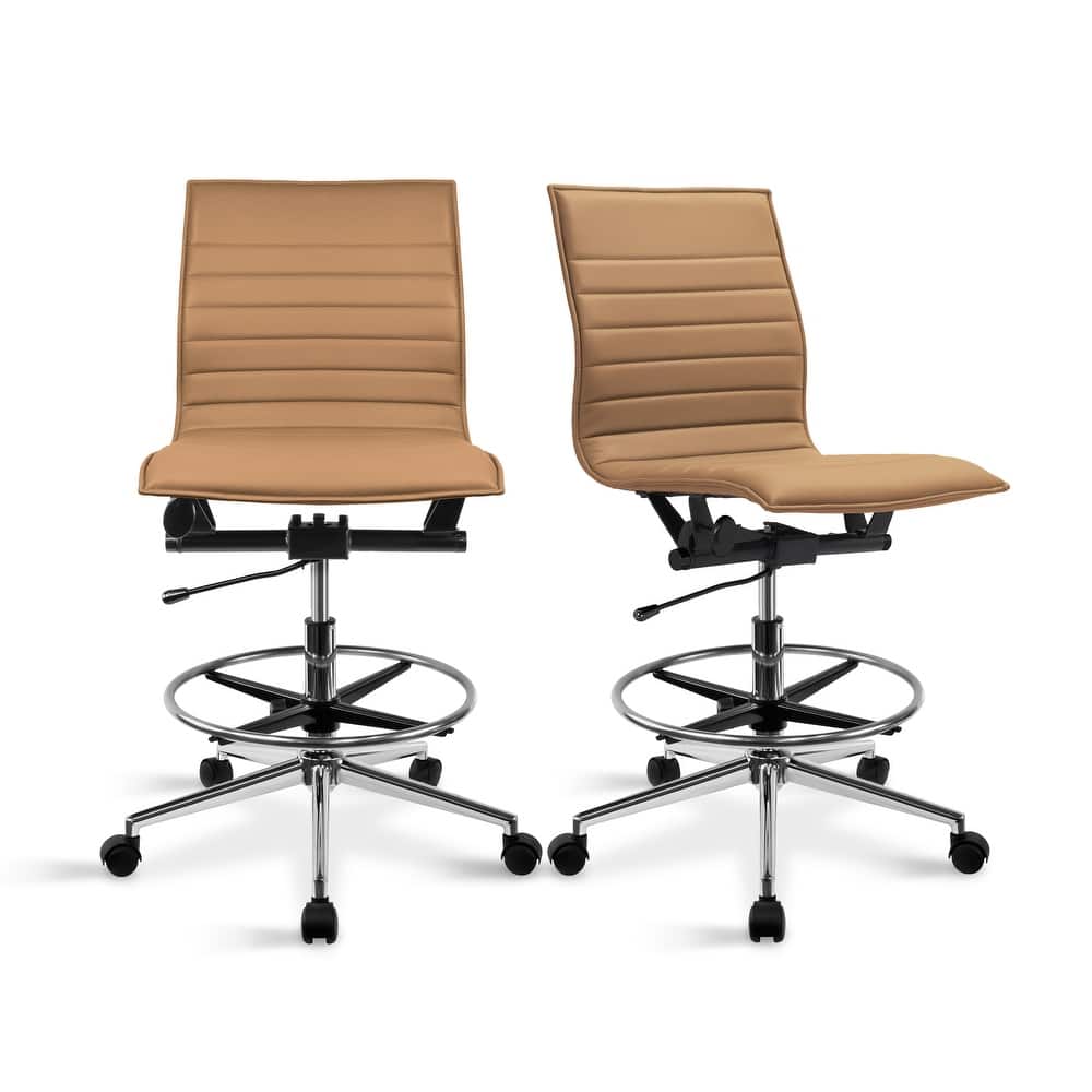 Set of 2 Modern Drafting Chair Upholstered PU Leather Ribbed Armless Mid Back with High Adjustable Base & Leg Rest