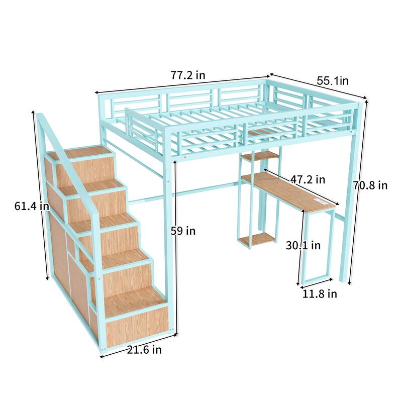 Full Size Metal Loft Bed with Desk, Charging Station, Storage Stairs, Cabinets & Shelves, Space-Saving Bed for Kids/Teens