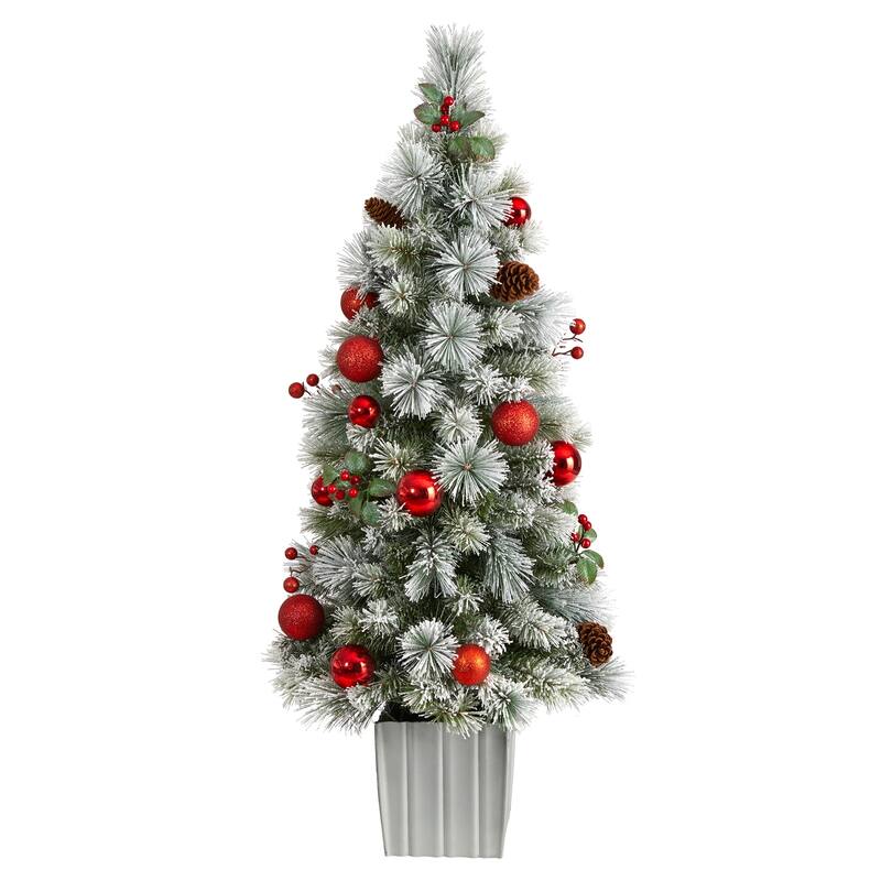 4Ft Pre-Lit Christmas Tree with Ornaments & Planter - Holiday Decor - Red - 48