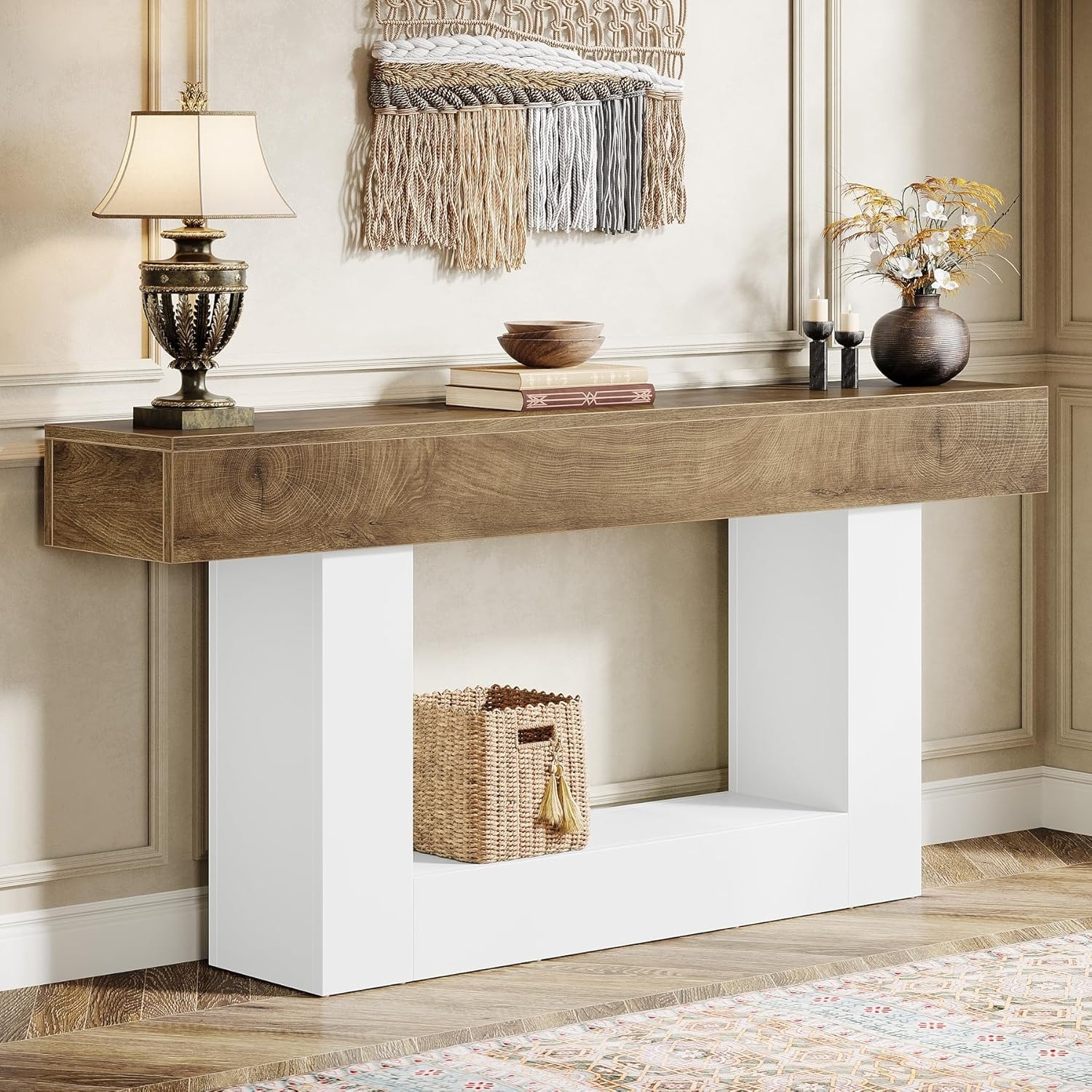 63" Console Table for Entryway, Farmhouse 2-Tier Wood Sofa Table Behind Couch