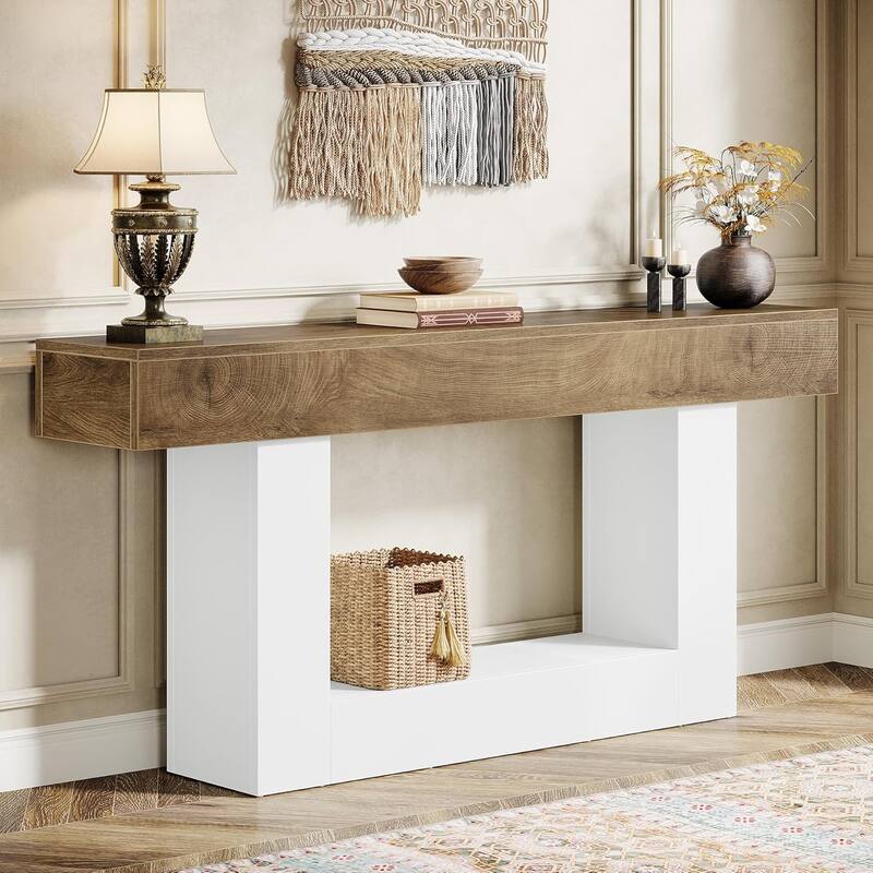63" Console Table for Entryway, Farmhouse 2-Tier Wood Sofa Table Behind Couch - Brown & White - Wood