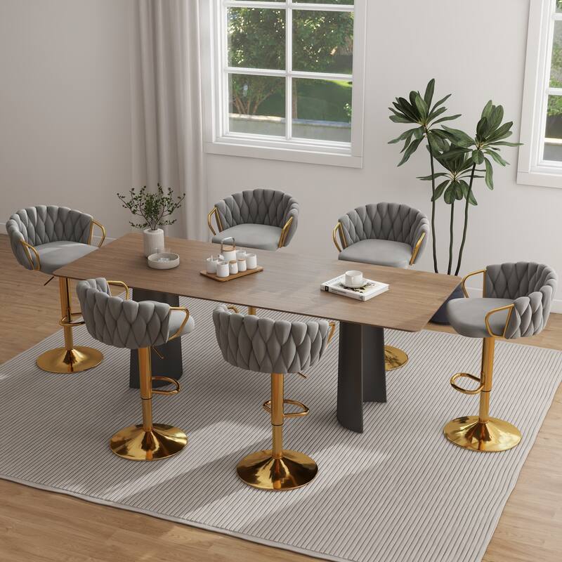Set of 4 Bar Stool Adjustable Height Swivel Velvet Woven
