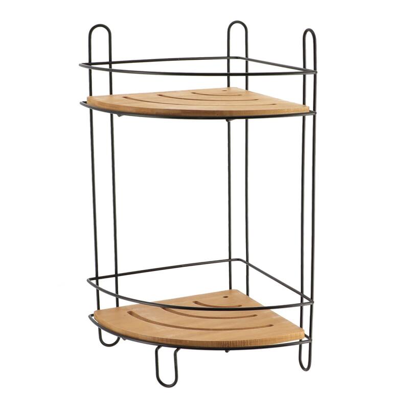 Corner Bathroom Organizer Storage Tower 3 or 2 Shelves Bamboo Black Metal - 2 Shelves - Black / Bamboo