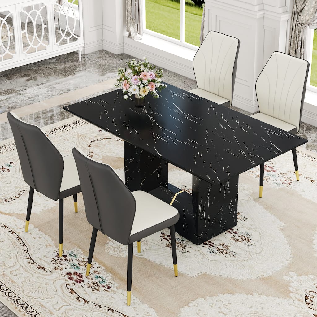 5-Piece Dining Table Set with PU Leather Upholstered Chairs, 63" Modern Dining Room Table Set for 4 for Home