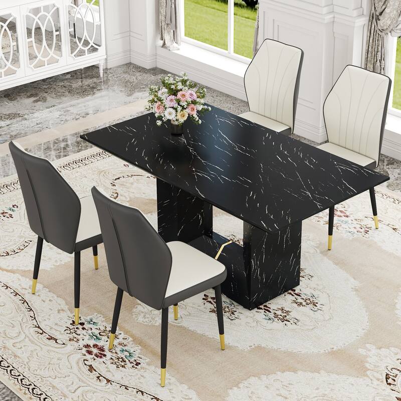 Modern 5-Piece Dining Set with Rectangular Table & Widened Backrest Chairs - Black+Dark Gray