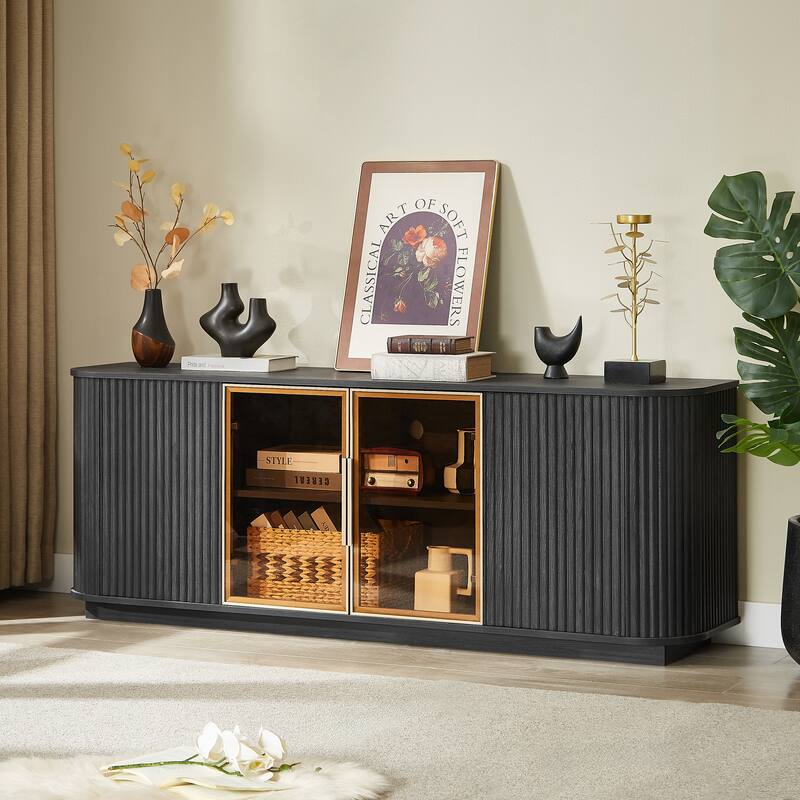 64" Wavy Wood TV Stand with Glass Doors, Modern Sideboard with Aluminum Frame, Media Console Table for Entryway, Living Room