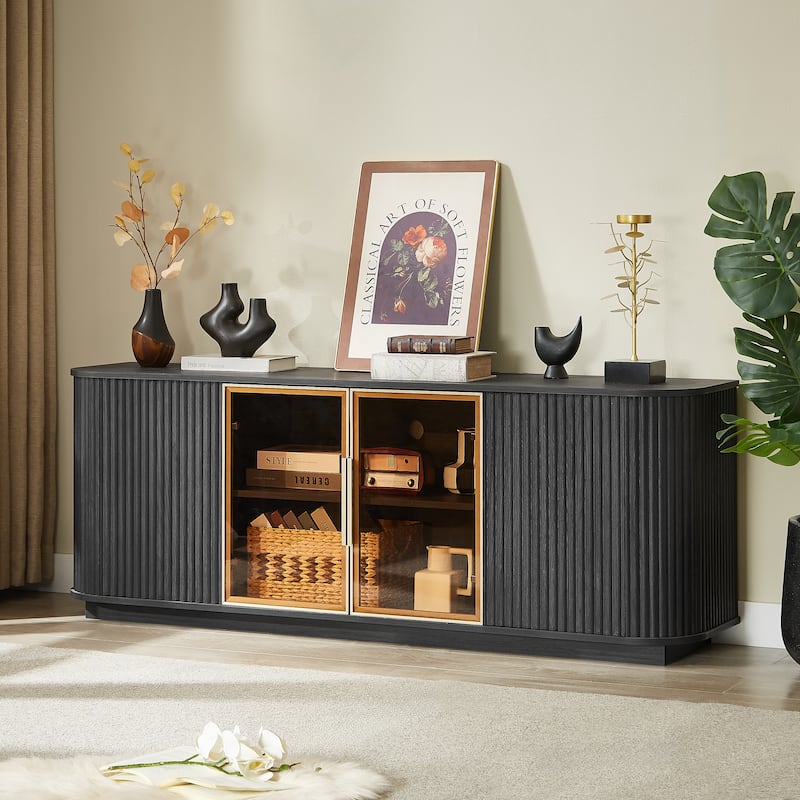 64-Inch Wavy 4-Door TV Cabinet, Modern Wooden Vertical Stripe Storage Cabinet with Aluminum Frame & 2 Tempered Glass Door, Black