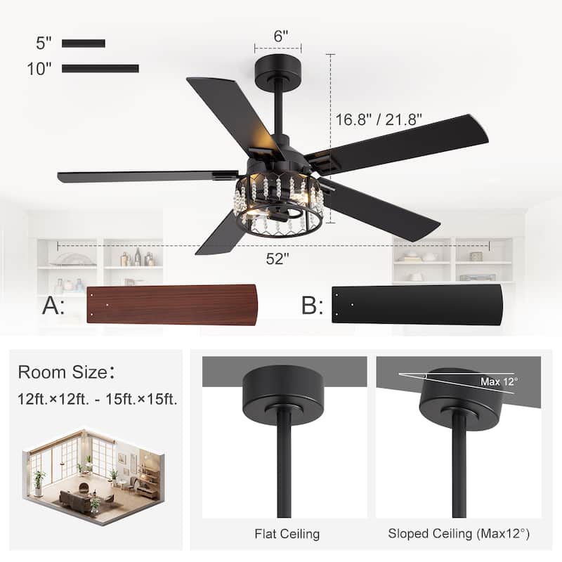52-inch Reversible 5-Blade Crystal Ceiling Fan with Remote and Light Kit