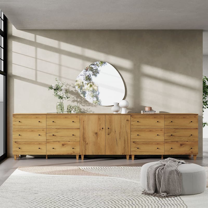 Wood Dresser with 12 Drawers and 1 Cabinet for Bedroom, 130" Wide