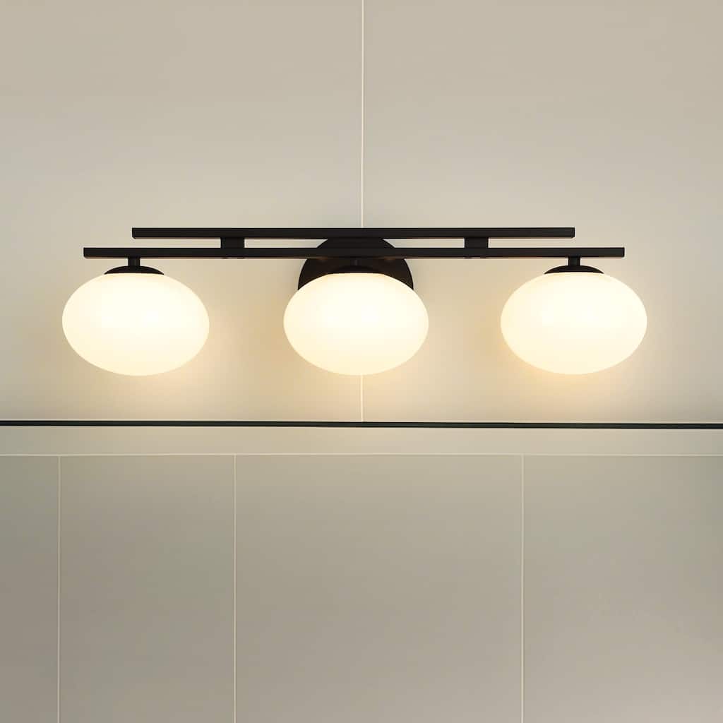 Thesis Julep 24-inch 3-light Matte Black Vanity Light with Opal Glass Shades
