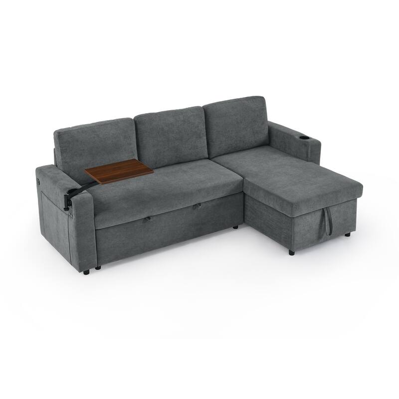 Roomfitters Modern Chenille Pull-Out Bed Sofa with Retractable Table, LED Lighting, USB Ports and Cup Holders